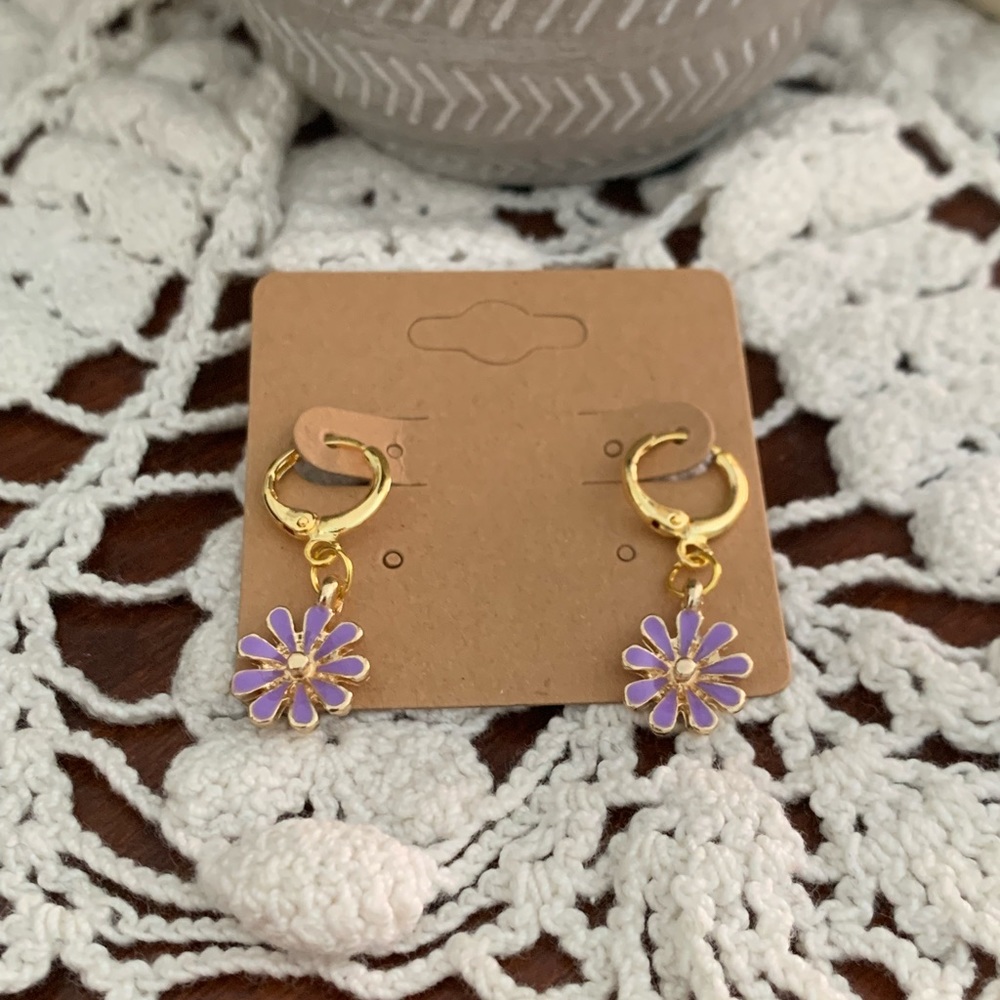 *3 for $20* Purple and Gold Enamel Flower Huggie Hoop Earrings